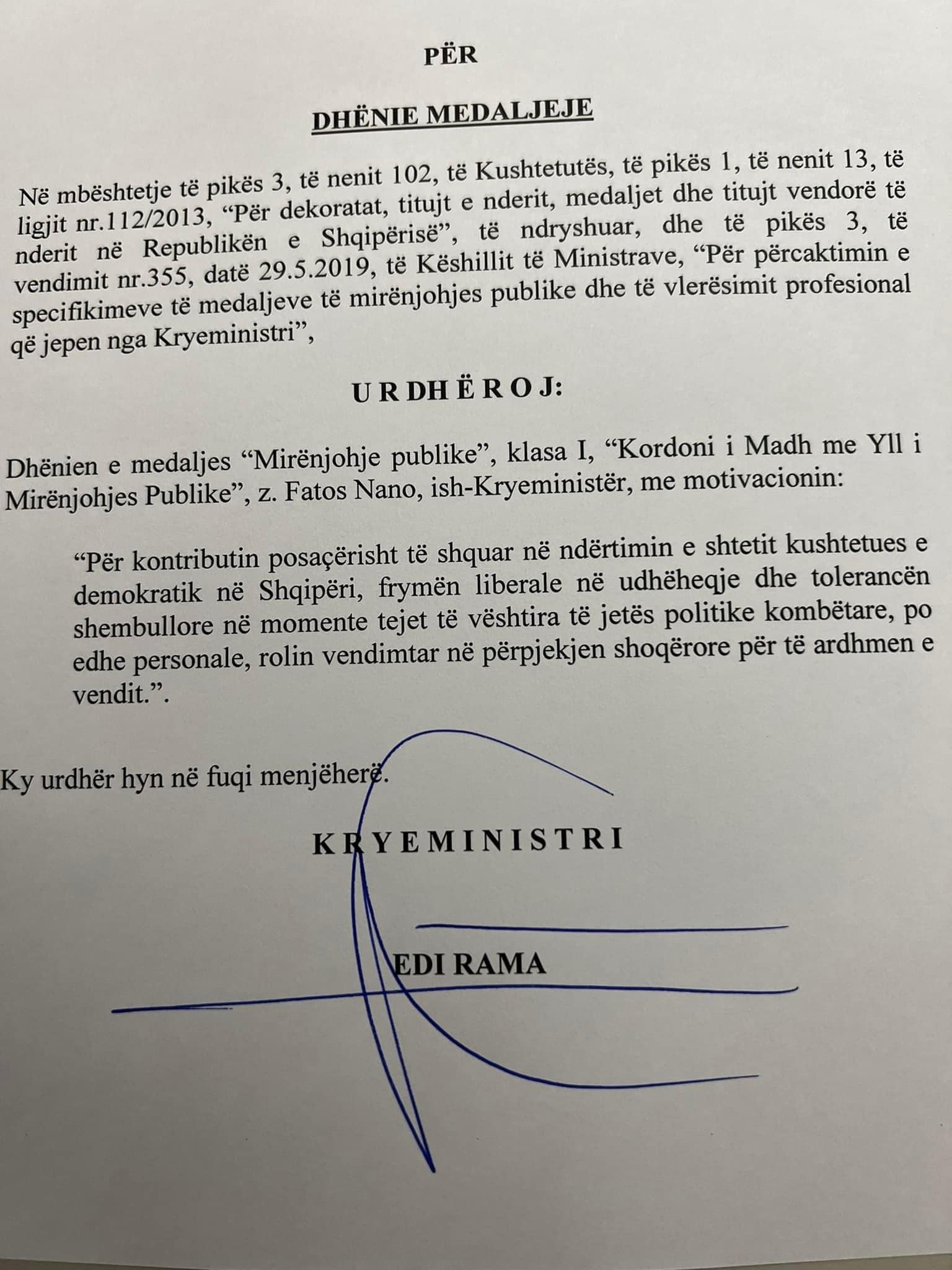 "Fatos Nano meriton sot lutjet tona", Rama dekoron liderin historik të PS: Në këto orë të vështira të luftës për jetën...