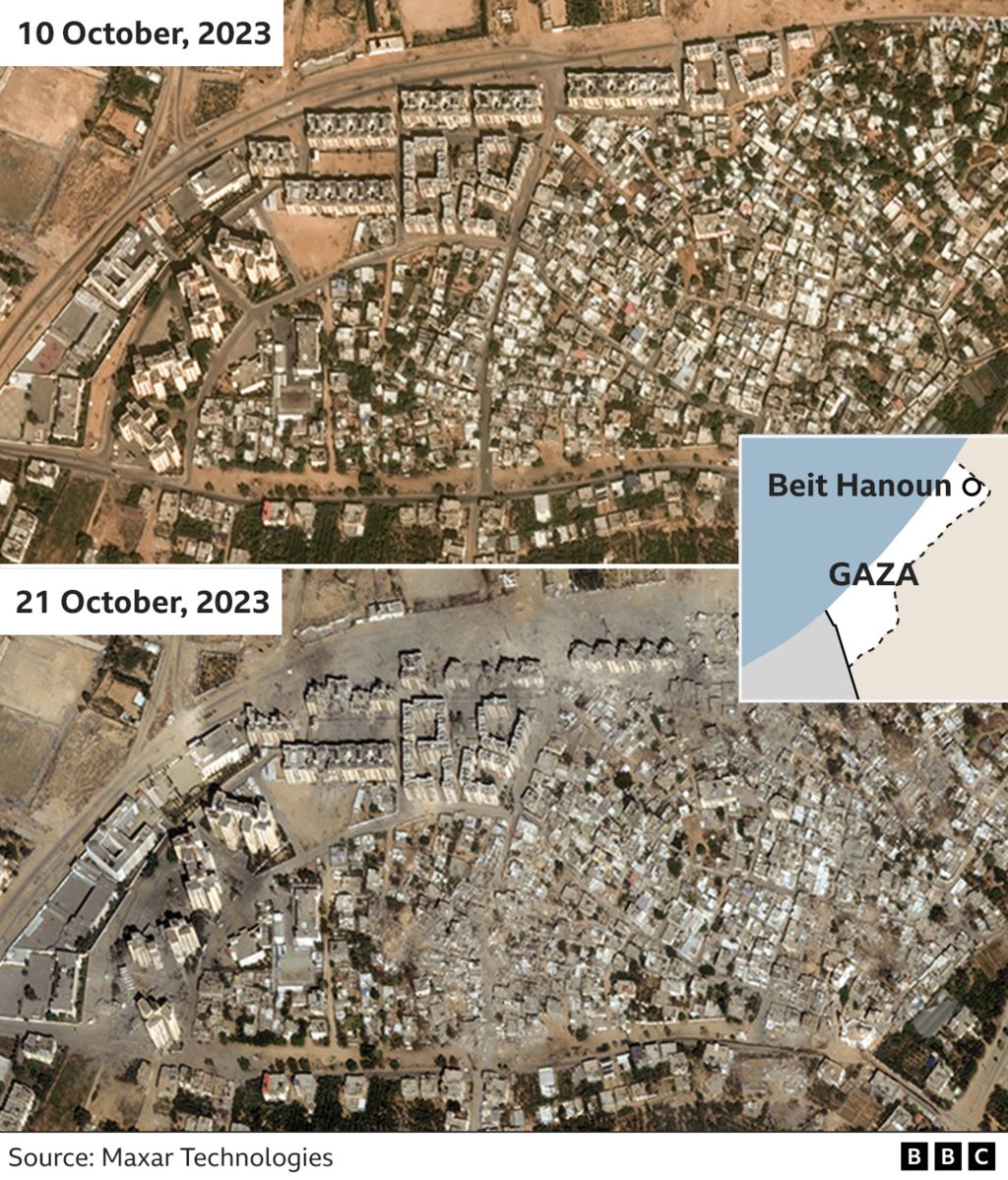 Satellite images of Beit Hanoun in Gaza, showing the area before and after Israeli aerial attacks that destroyed several buildings