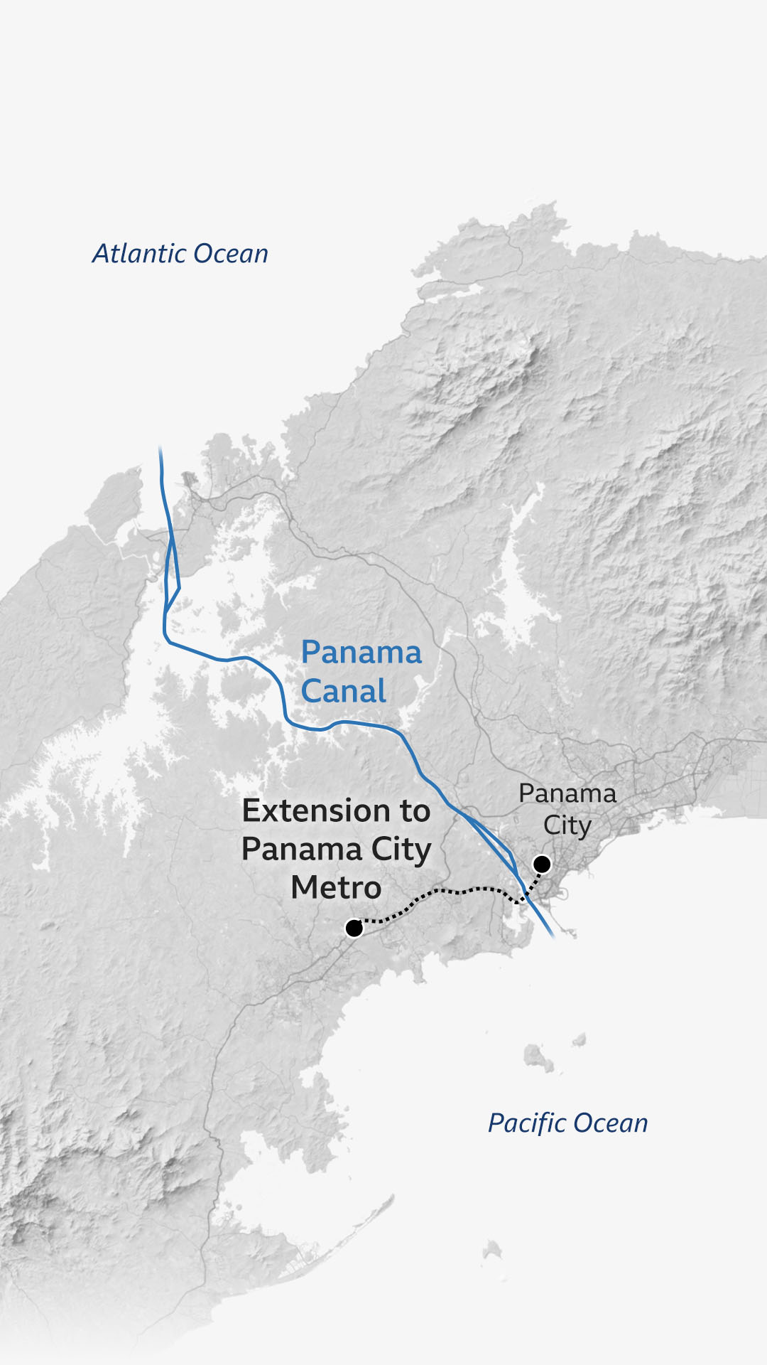 Një hartë e Kanalit të Panamasë tregon një vijë me pika të shtrirjes së metrosë së qytetit të Panamasë, në brigjet e Oqeanit Paqësor